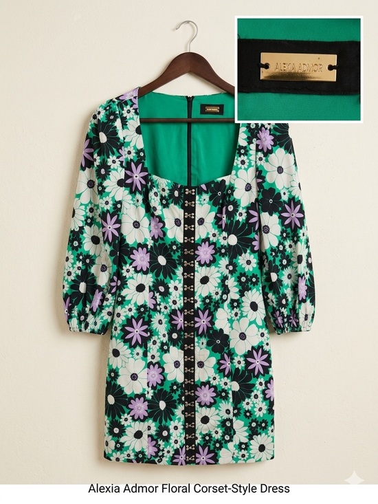 Alexia Admor Dresses & Skirts - Alexia Admor Green Floral Corset-Style Midi Dress with Lavender Accents